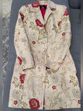 Apostrophe Cream Floral Embroidered Trench Coat with Red Accents